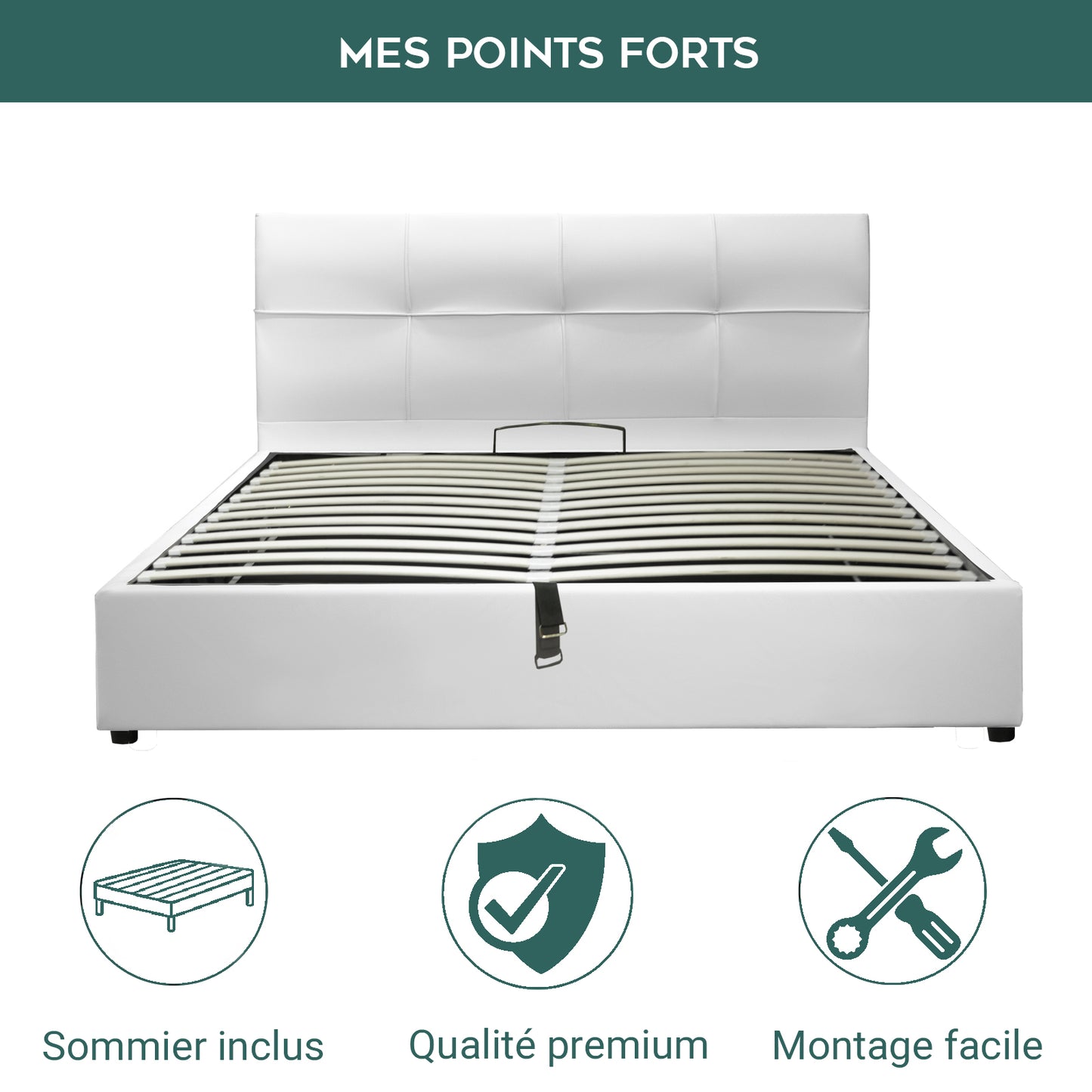 Lit Coffre Capri Deluxe Blanc : Simili cuir et sommier à lattes
