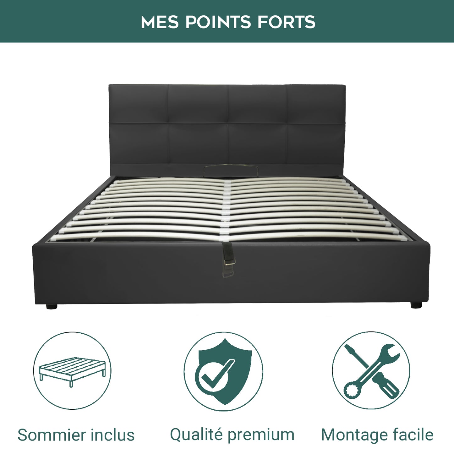 Lit Coffre Capri Deluxe Noir : Simili cuir et sommier à lattes