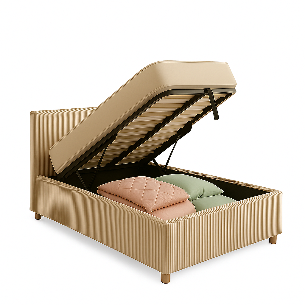 Lit coffre Colisée avec tête de lit | Velours cotelé Beige | Robuste et Large Angle d’Ouverture