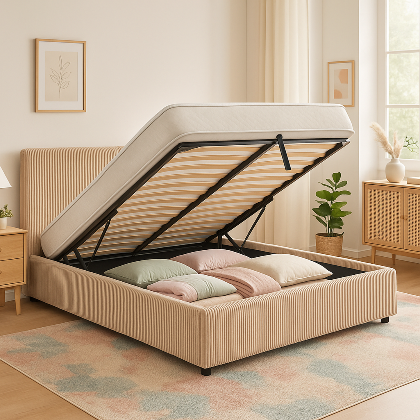 Lit coffre Colisée avec tête de lit | Velours cotelé Beige | Robuste et Large Angle d’Ouverture