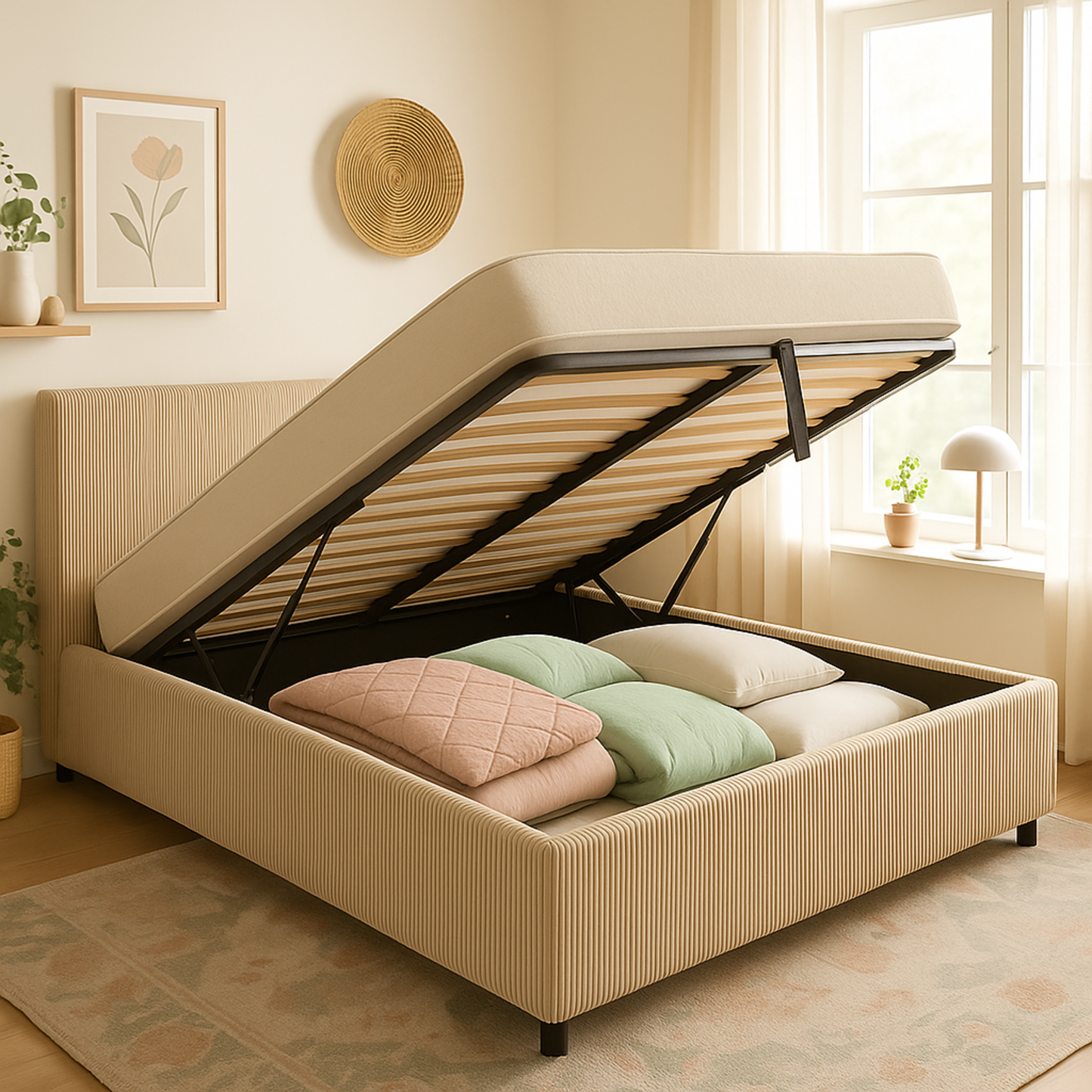 Lit coffre Colisée avec tête de lit | Velours cotelé Beige | Robuste et Large Angle d’Ouverture