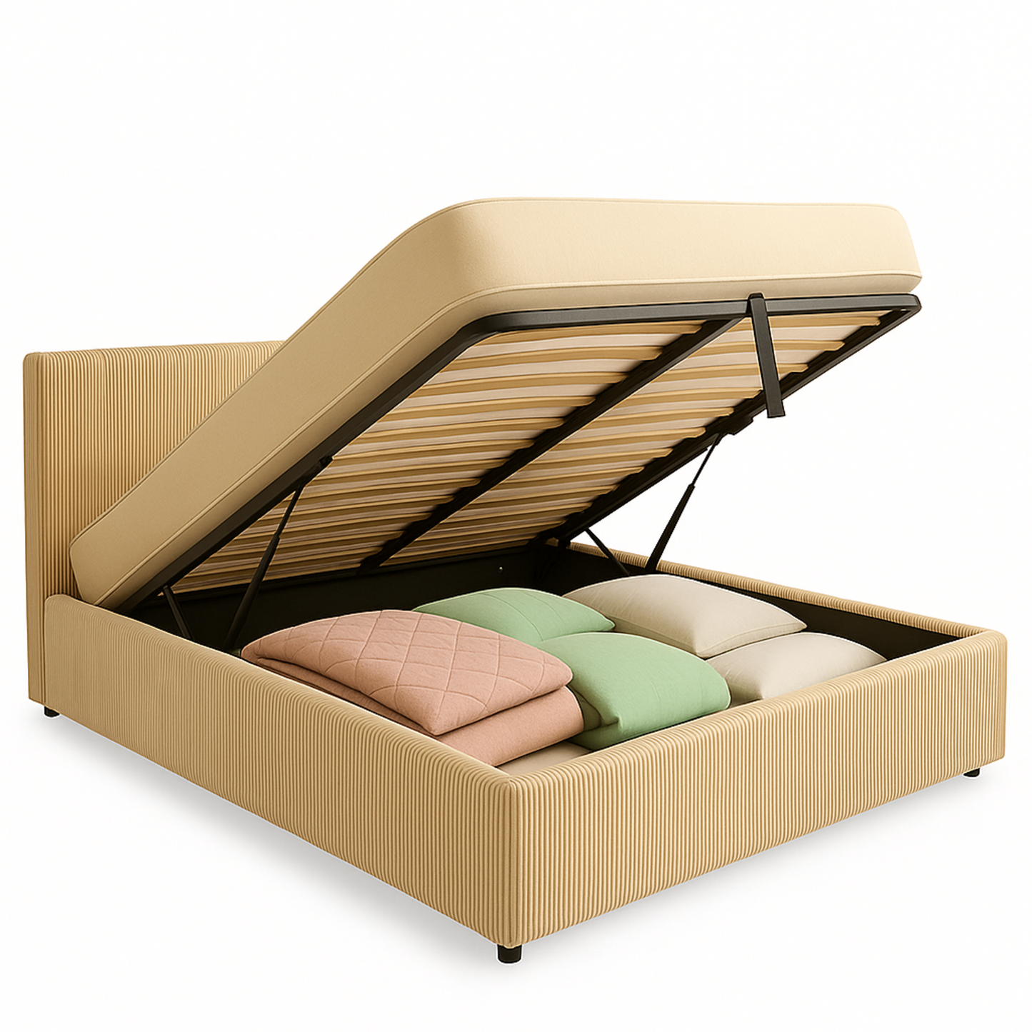 Lit coffre Colisée avec tête de lit | Velours cotelé Beige | Robuste et Large Angle d’Ouverture