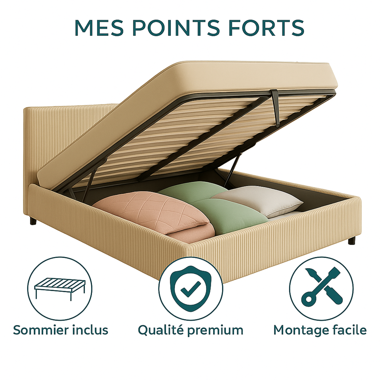 Lit coffre Colisée avec tête de lit | Velours cotelé Beige | Robuste et Large Angle d’Ouverture