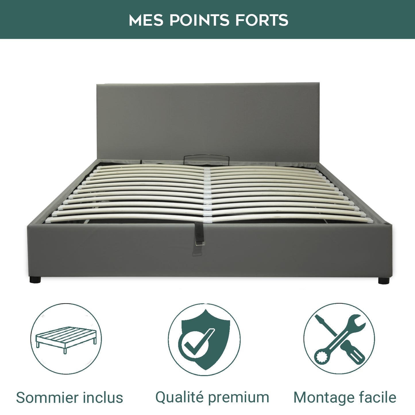 Lit Coffre Colisee Deluxe Gris : Simili cuir et sommier à lattes