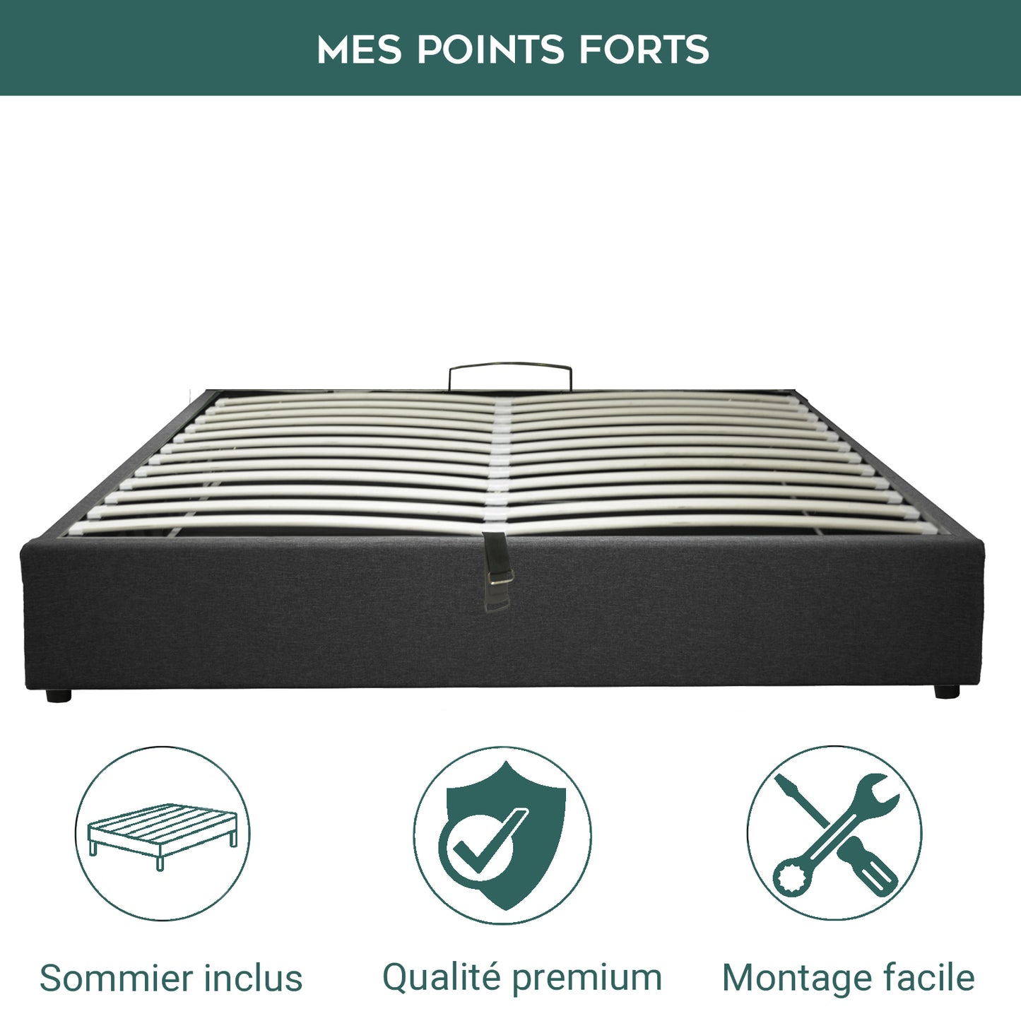 Lit coffre Lounge Gris foncé : Tissu et sommier ouverture horizontale