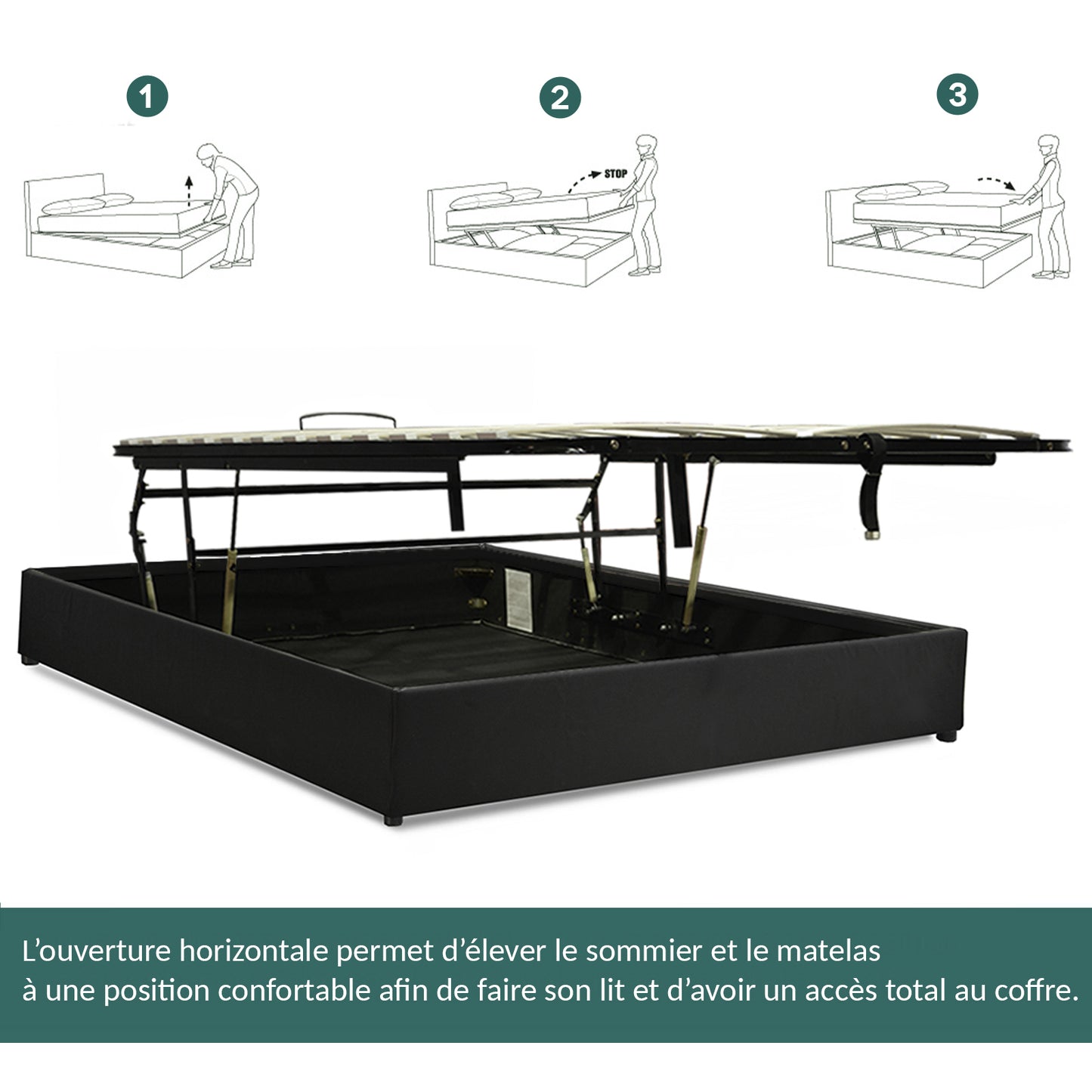 Lit coffre Lounge Gris foncé : Tissu et sommier ouverture horizontale