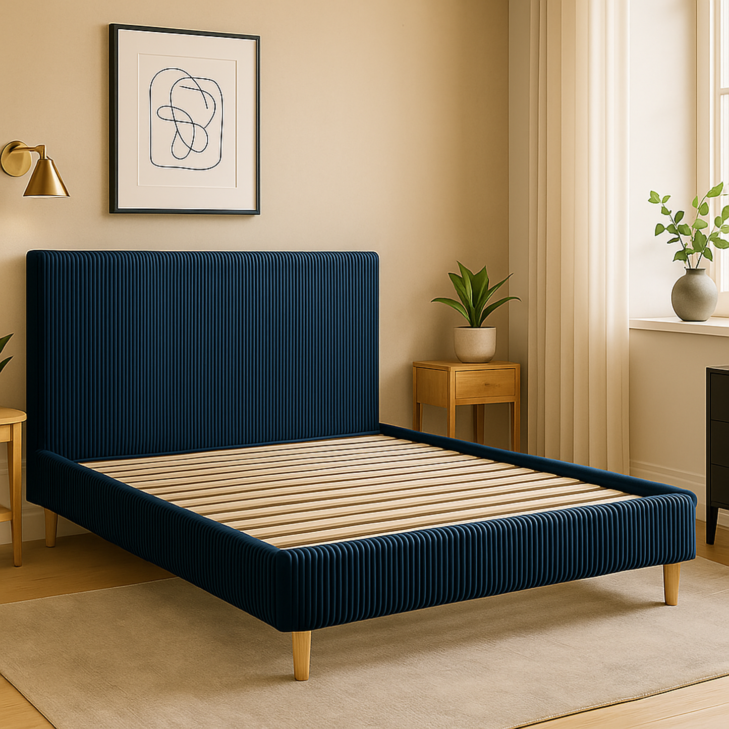 Lit Colisée avec tête de lit | Velours Bleu nuit | Robuste et confortable | Montage simple rapide