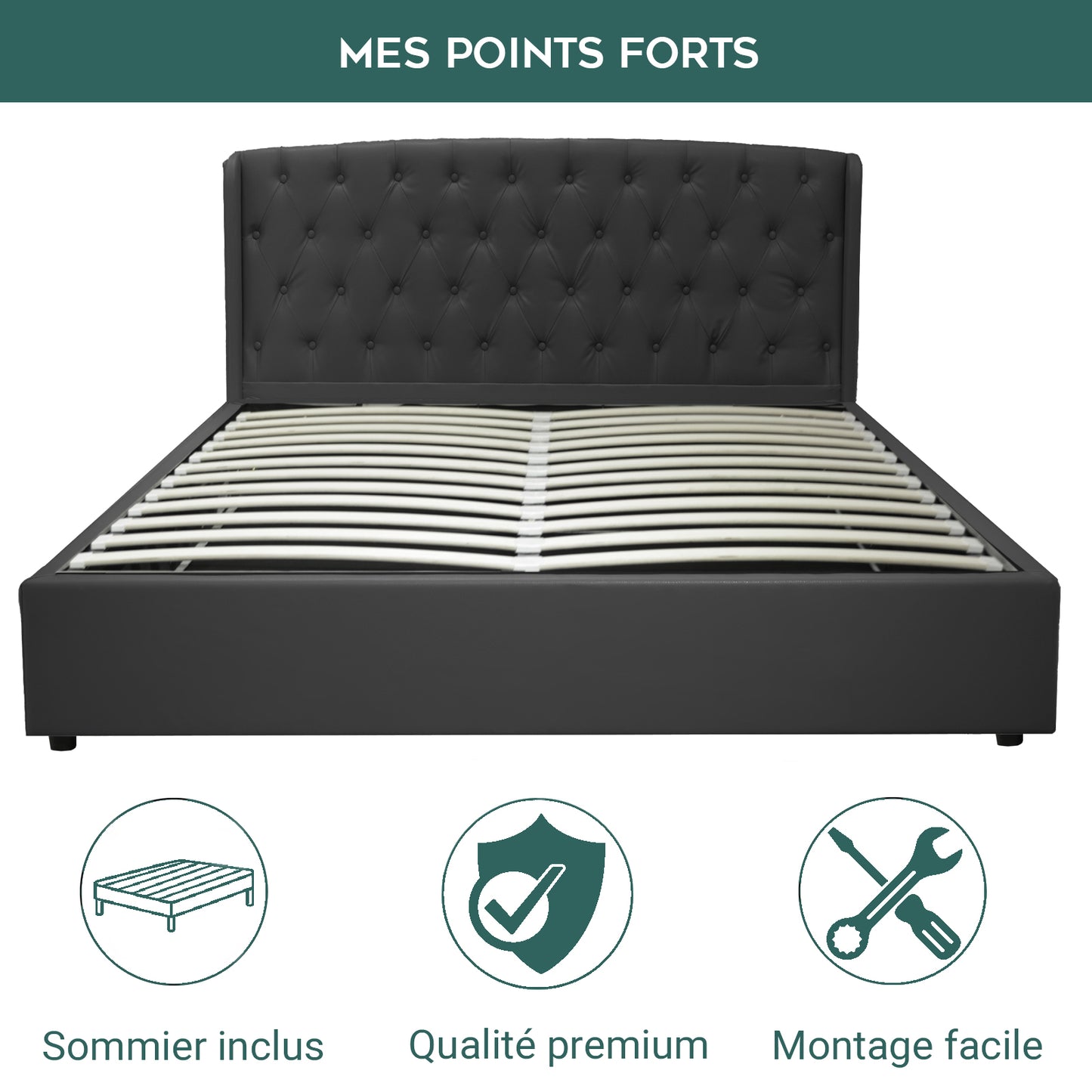 Lit Coffre Clémentine Deluxe Noir : Simili cuir et sommier à lattes