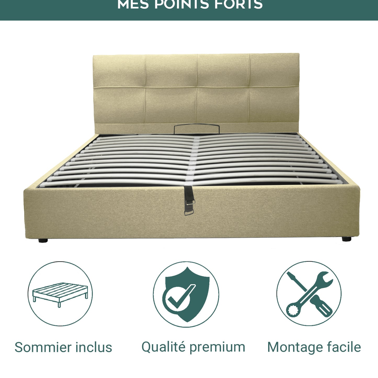 Lit Coffre Capri Deluxe Sable : Tissu et sommier à lattes