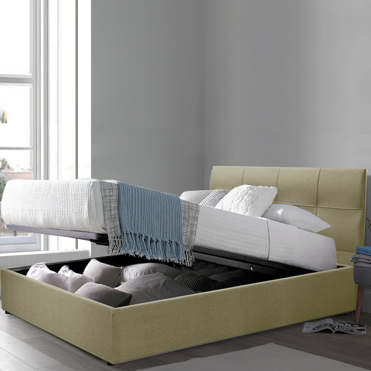 Lit Coffre Capri Deluxe Sable : Tissu et sommier à lattes