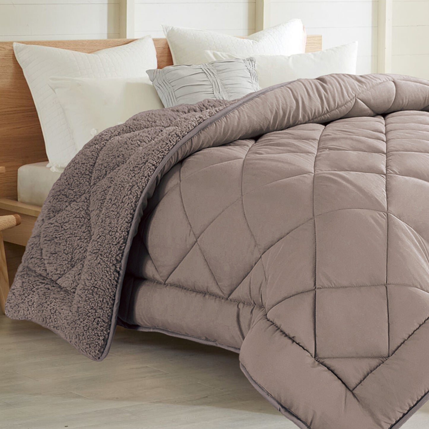 Couette Sherpa chocolat en laine : Réversible Eté-Hiver