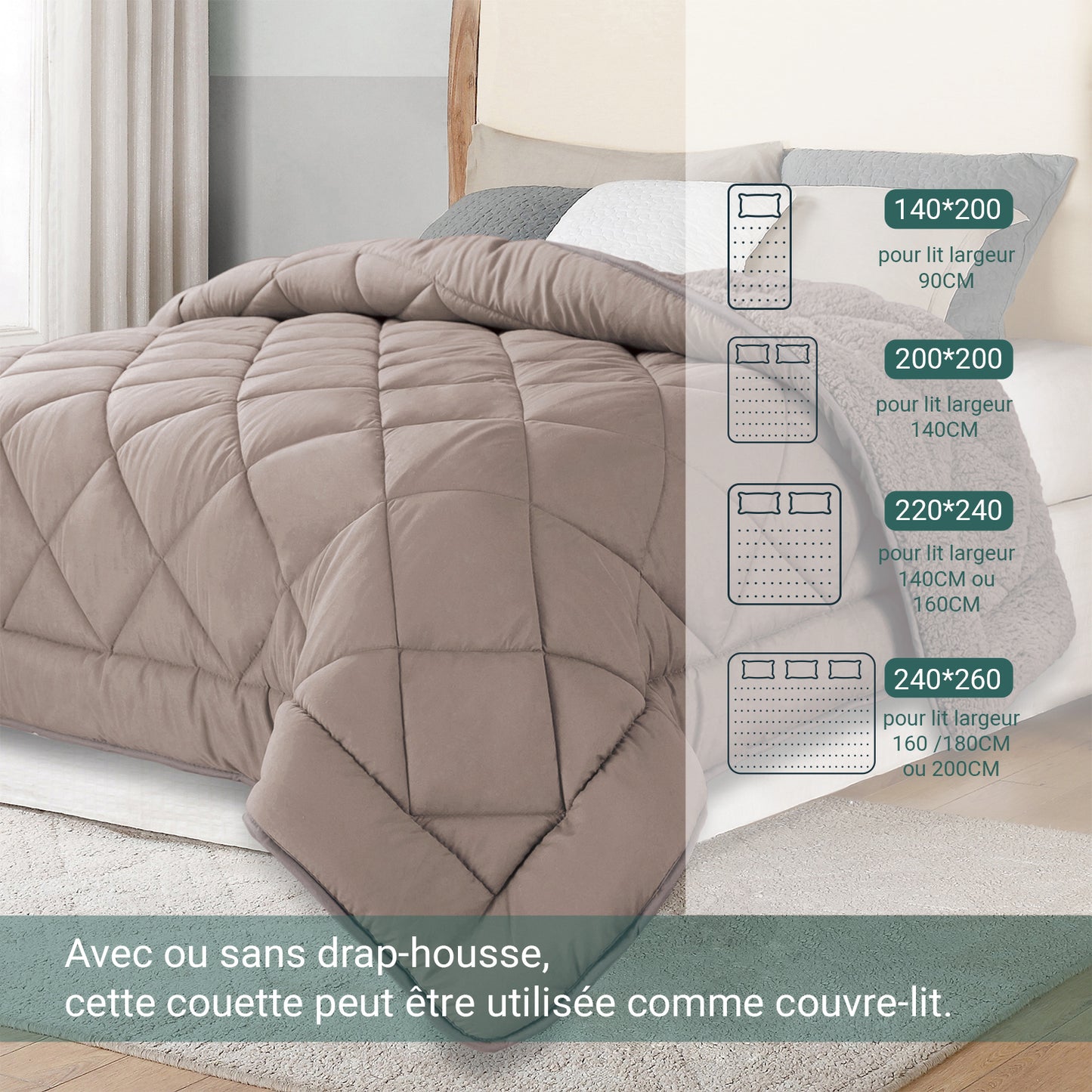 Couette Sherpa chocolat en laine : Réversible Eté-Hiver