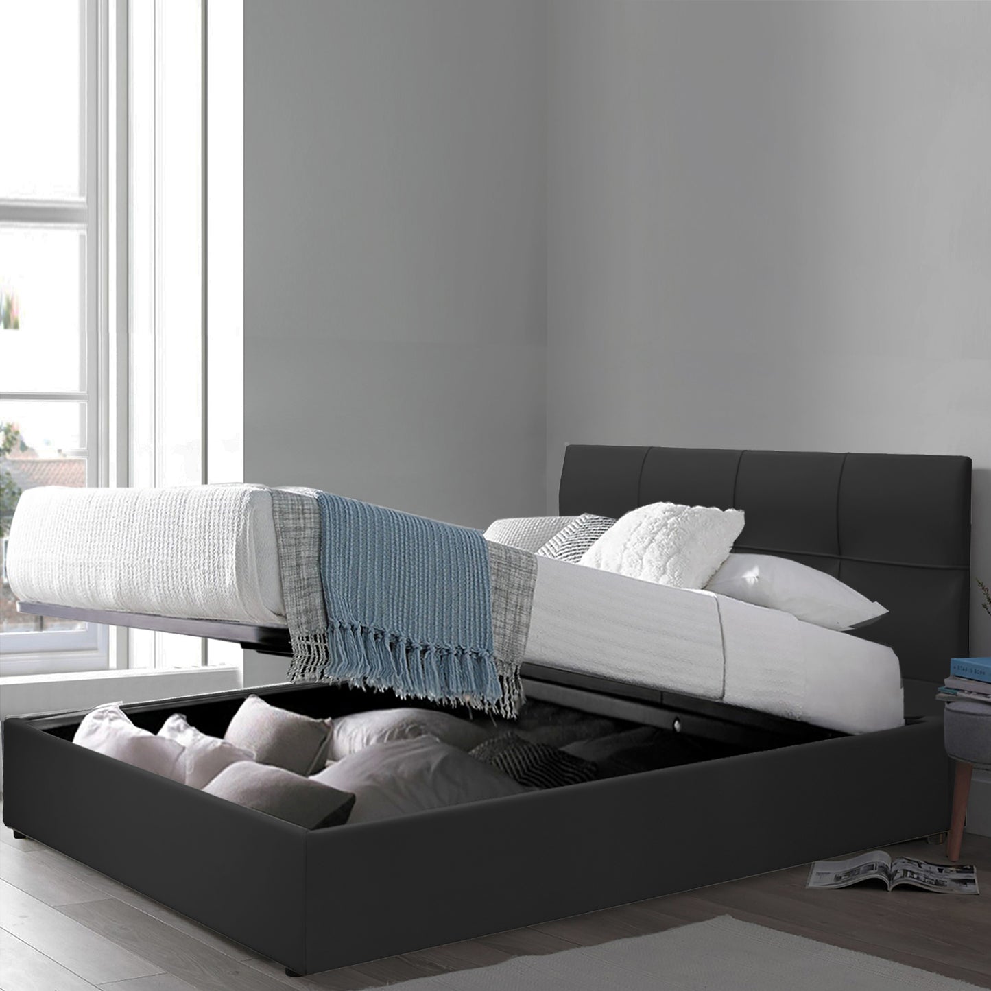 Lit Coffre Capri Deluxe Noir : Simili cuir et sommier à lattes