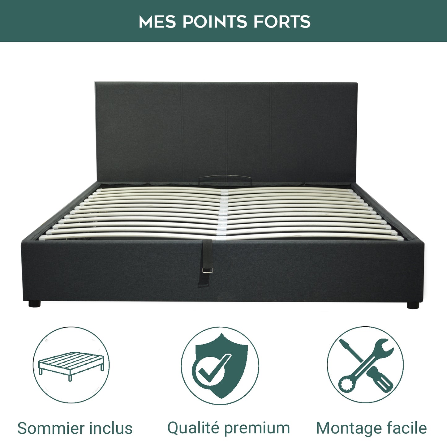 Lit Coffre Colisee Deluxe Gris foncé : Tissu et sommier à lattes