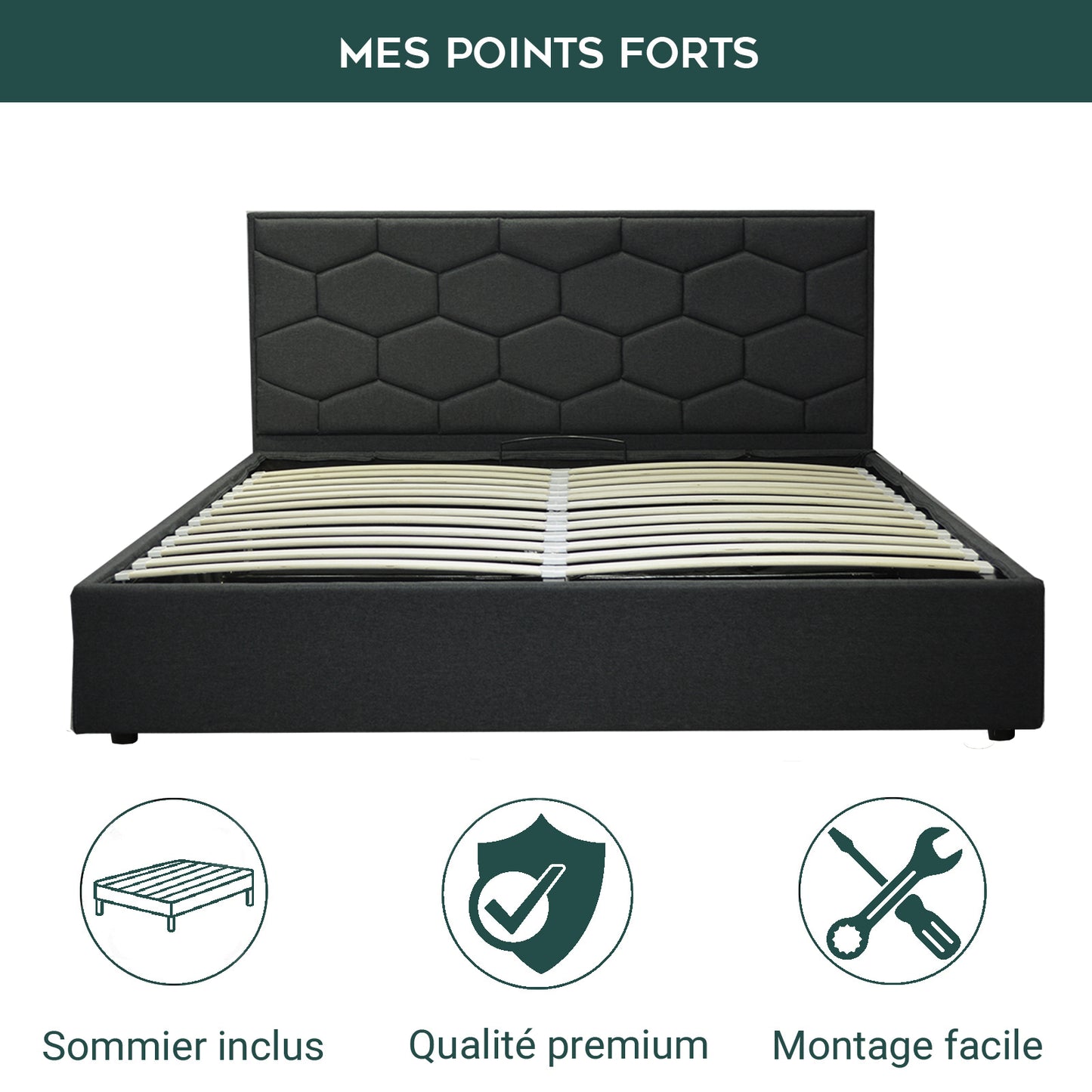 Lit Coffre Broadway Deluxe Gris foncé : Tissu et sommier à lattes