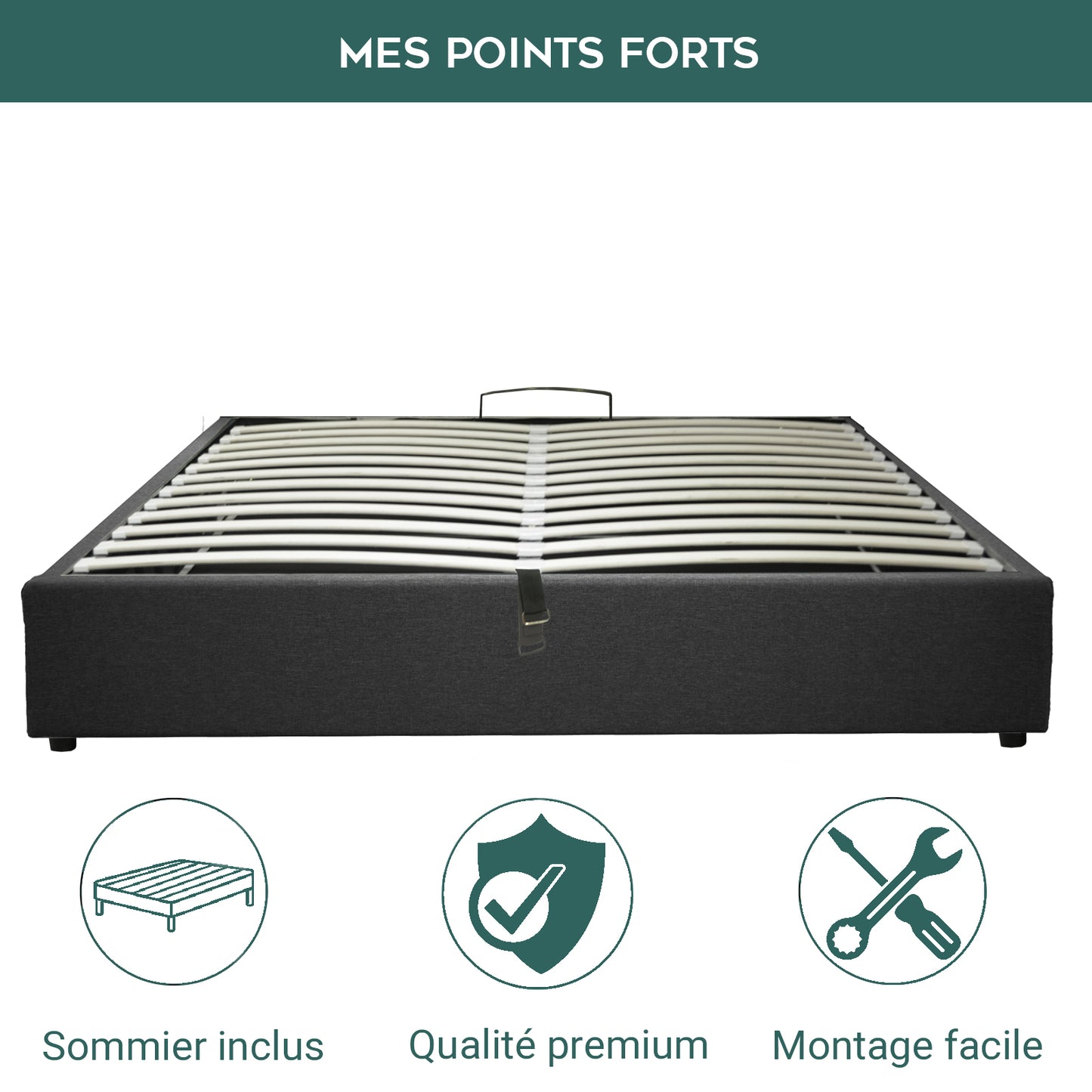 Lit coffre Vegas Gris Foncé : Tissu et sommier à lattes flexibles robuste