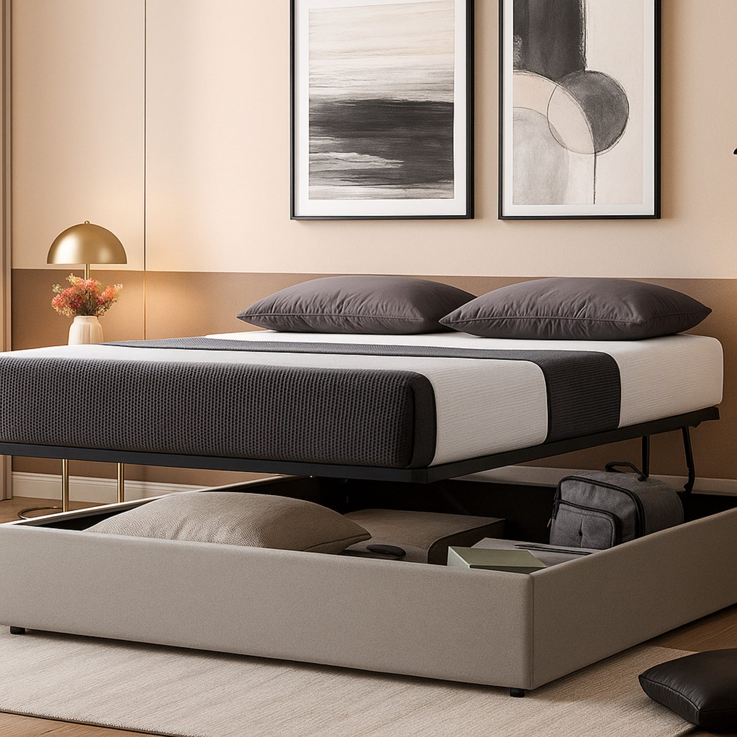 Lit coffre Lounge Gris clair : Tissu et sommier ouverture horizontale