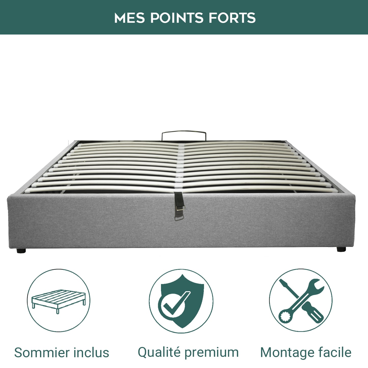 Lit coffre Lounge Gris clair : Tissu et sommier ouverture horizontale