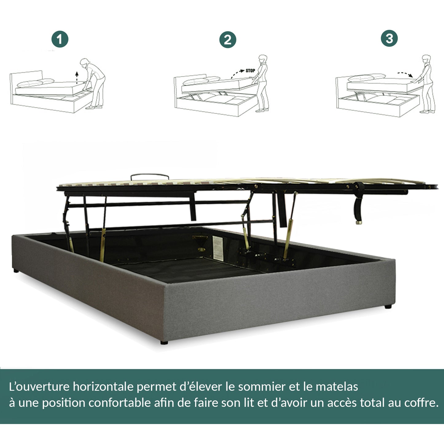 Lit coffre Lounge Gris clair : Tissu et sommier ouverture horizontale