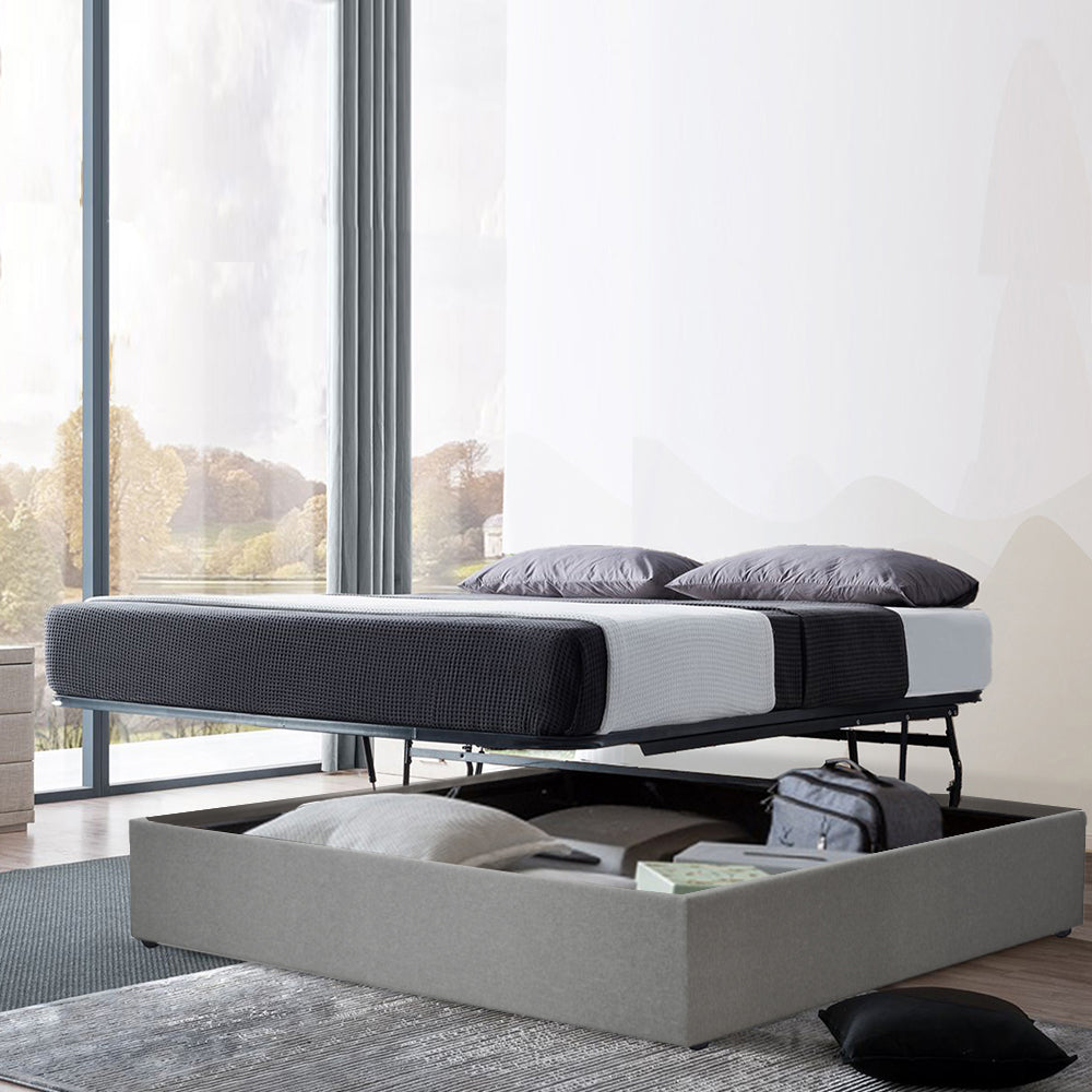 Lit coffre Lounge Gris clair : Tissu et sommier ouverture horizontale