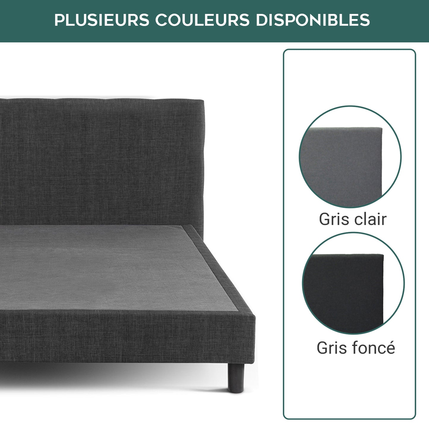 Lit Marquis Gris foncé : Sommier à lattes, Bois et Tissu