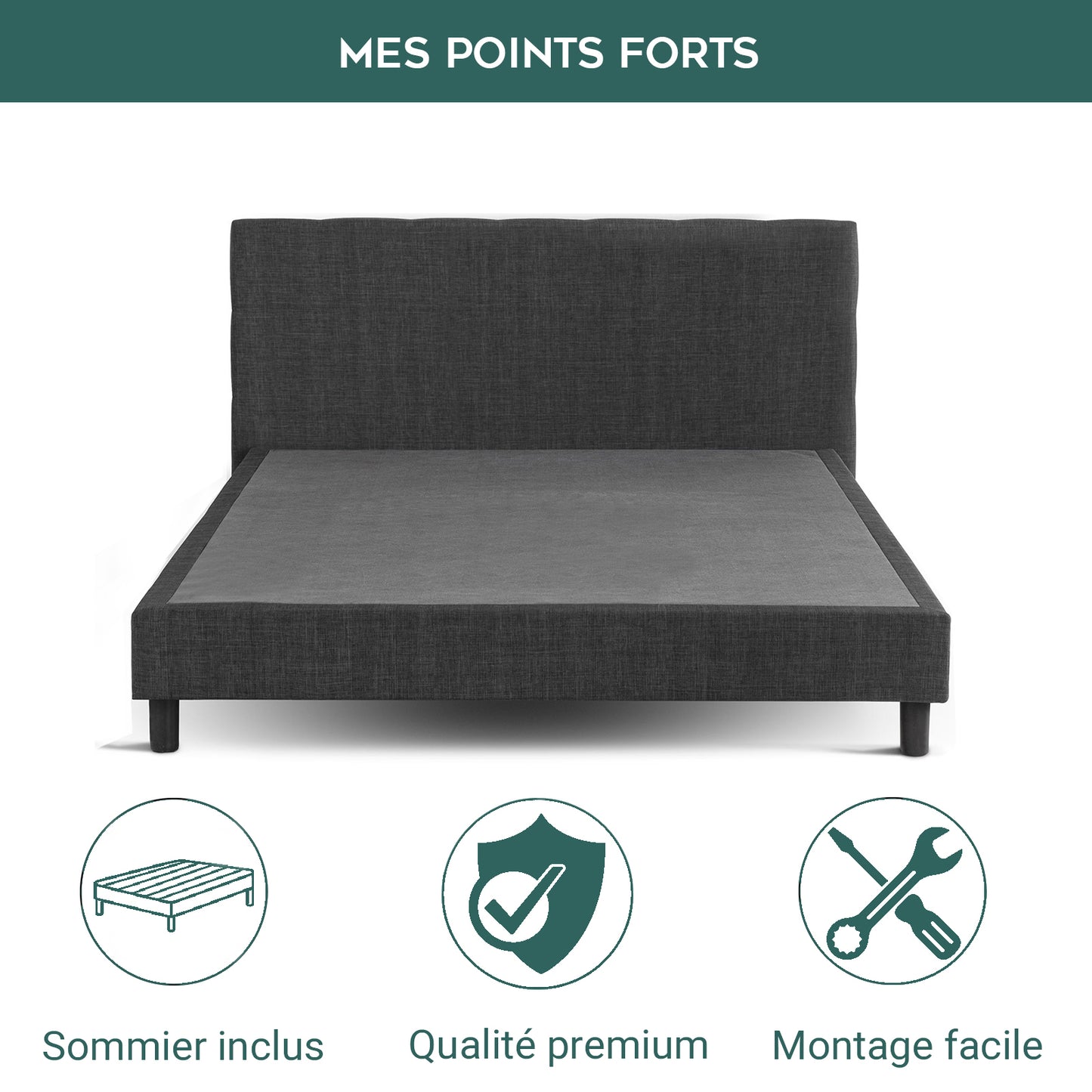 Lit Marquis Gris foncé : Sommier à lattes, Bois et Tissu