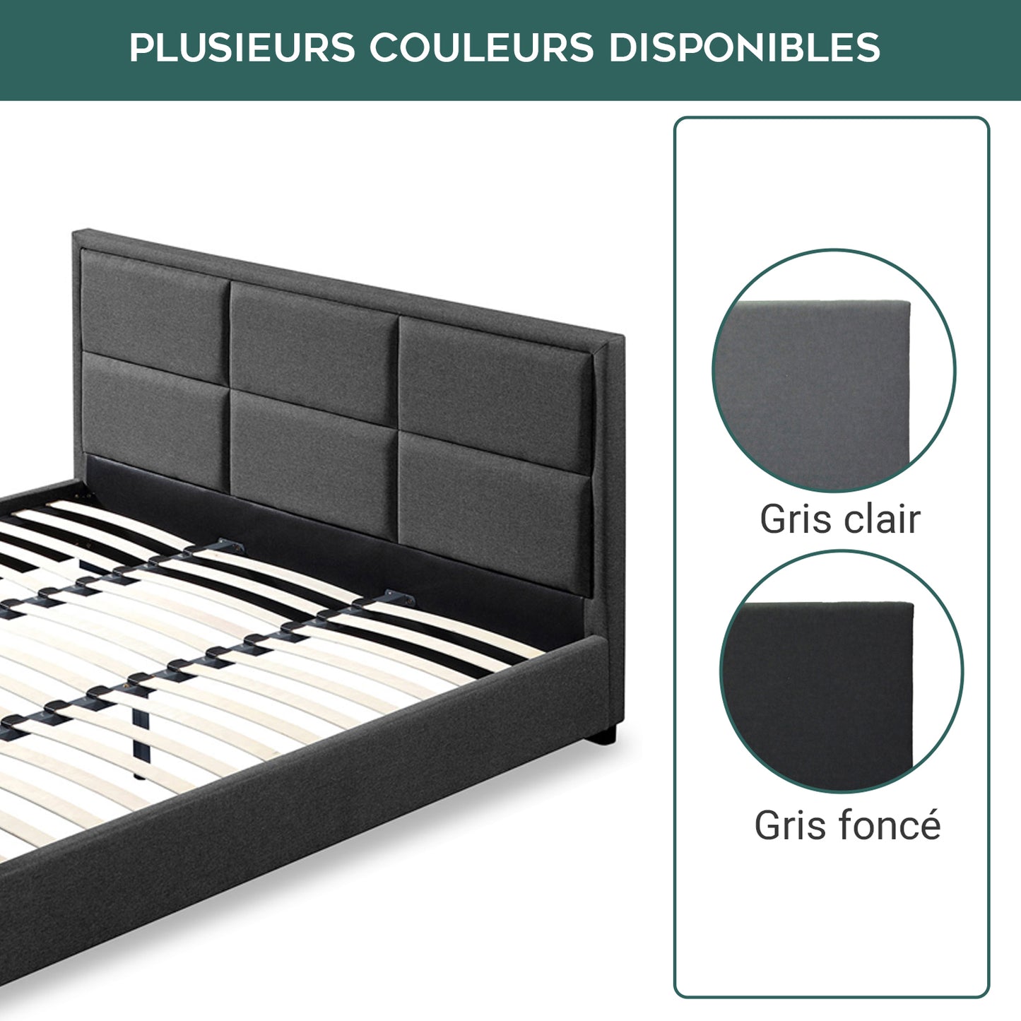 Lit Palace TV tissu Gris foncé : meuble TV intégré