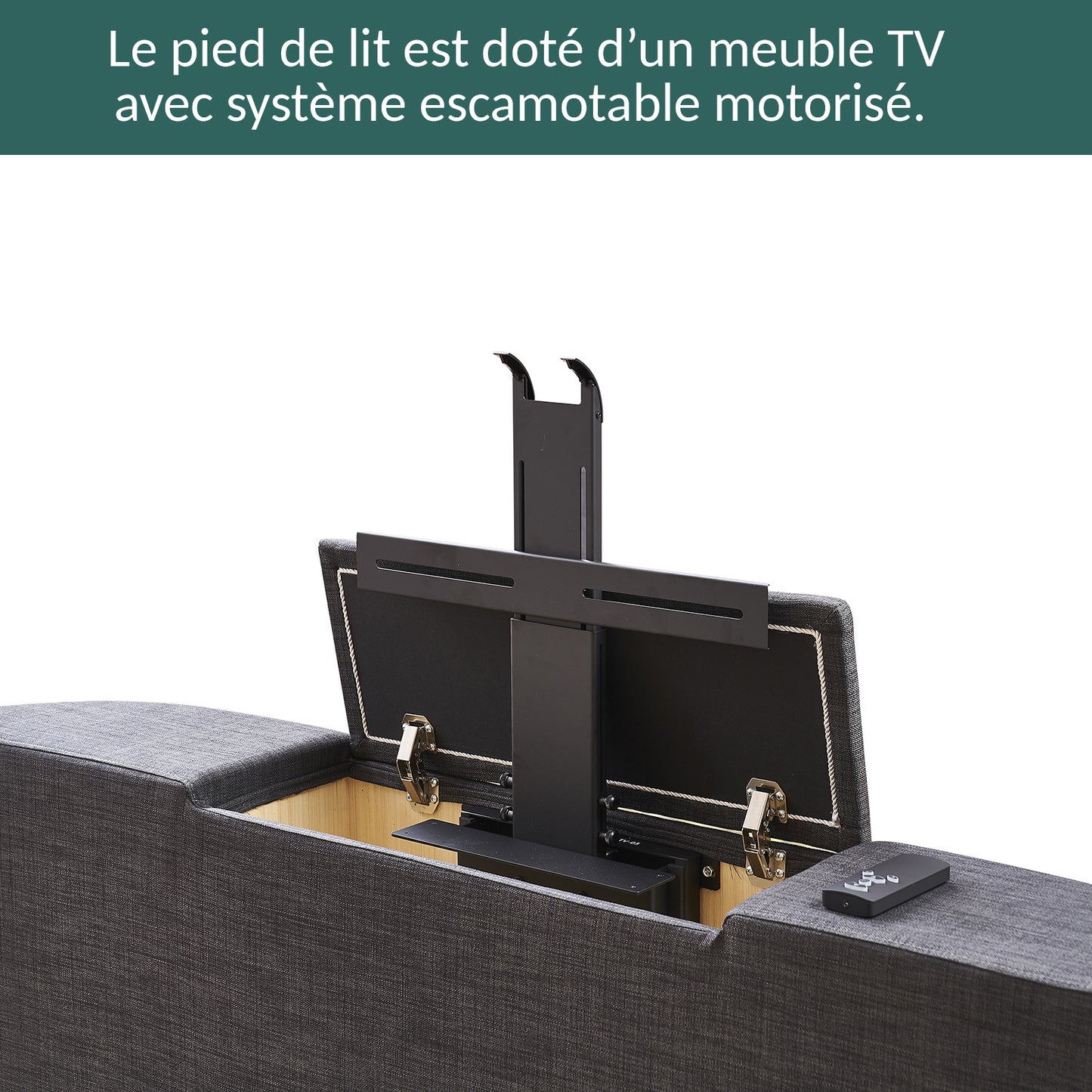 Lit Palace TV tissu Gris clair : meuble TV intégré