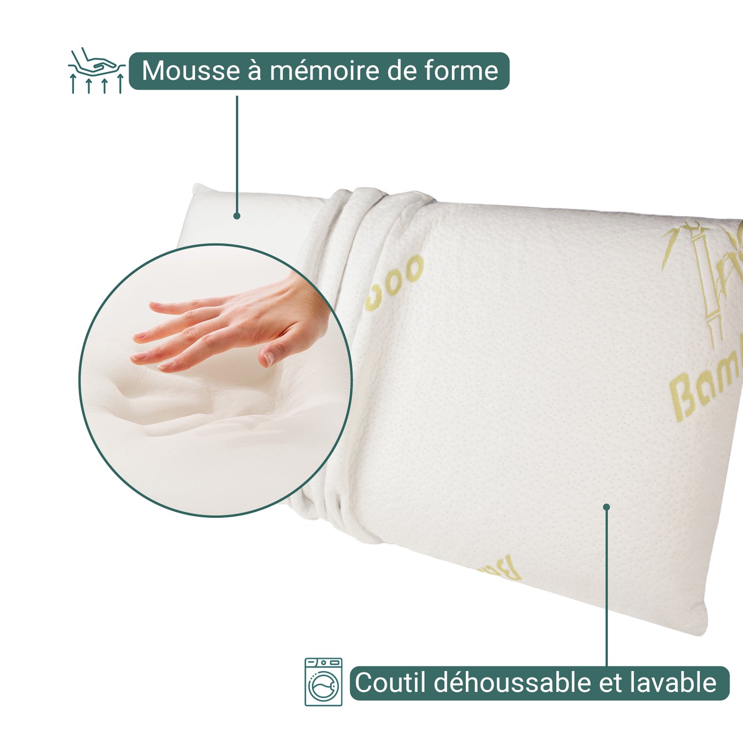 Oreiller Bamboo : Mousse à Mémoire de forme, Déhoussable