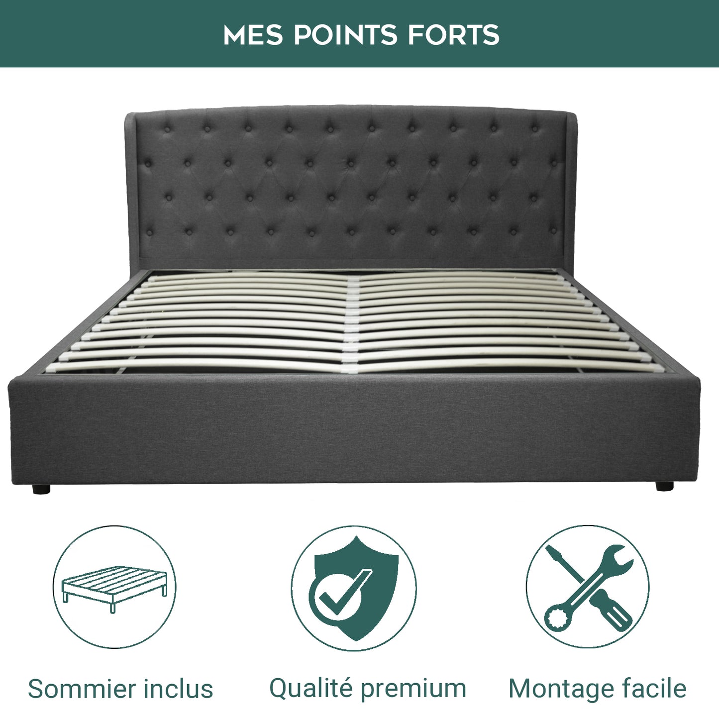 Lit Coffre Clémentine Deluxe Gris foncé : Tissu et sommier à lattes