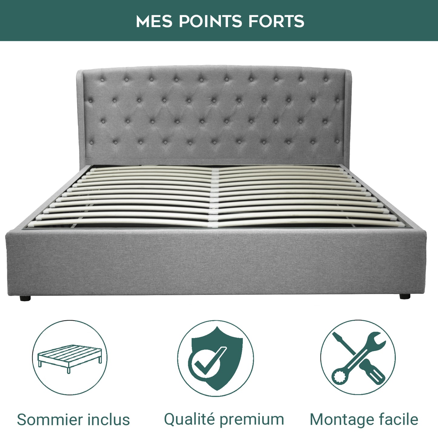 Lit Coffre Clémentine Deluxe Gris clair : Tissu et sommier à lattes