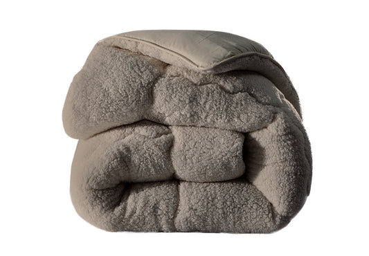 Couette Sherpa chocolat en laine : Réversible Eté-Hiver